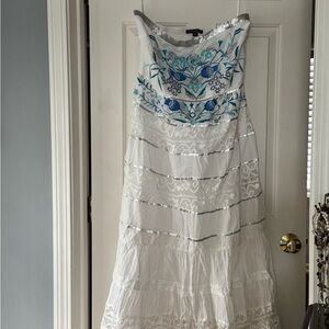 Boston Proper Strapless White Dress with Blue Embroidery
